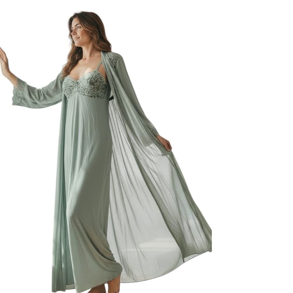 Vintage Olga Nightgown and Robe Set, Green, Size L
